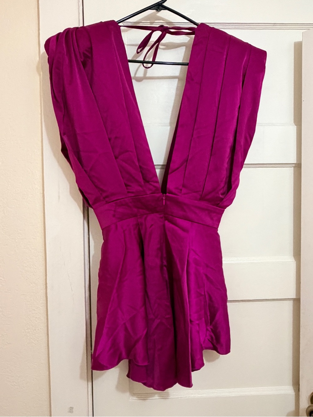 BLUZAT Boutique Magenta Satin Deep V Pleated Romper NWT